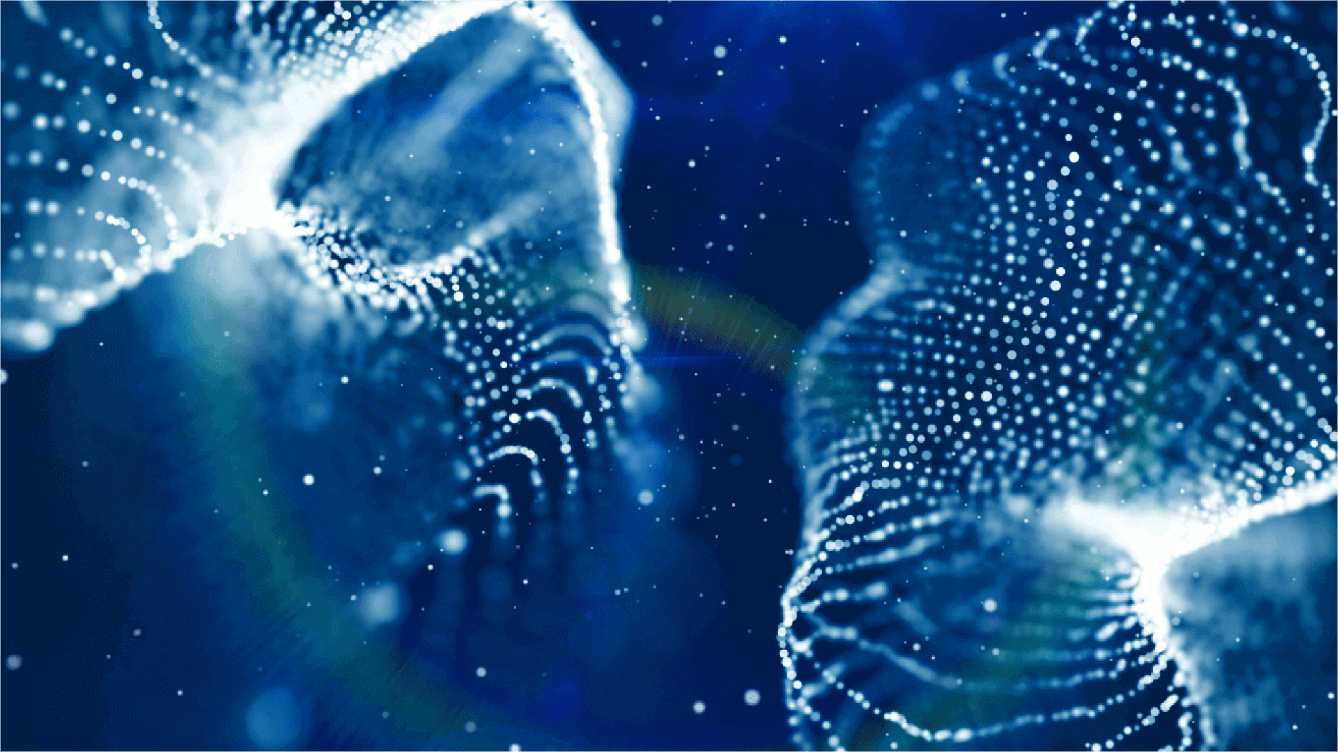 Abstract visualization of blue and white particles resembling digital waves or neural networks, creating a flowing, interconnected pattern with a futuristic, technological feel.